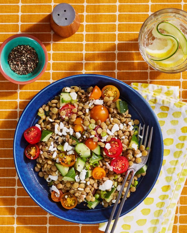 Marinated lentil and dairy-free feta salad