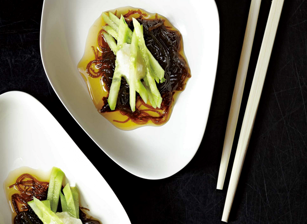 Marinated mozuku seaweed with cucumber