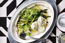 Marinated mozzarella, asparagus and hazelnuts