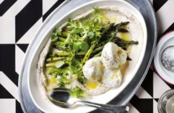 Marinated mozzarella, asparagus and hazelnuts
