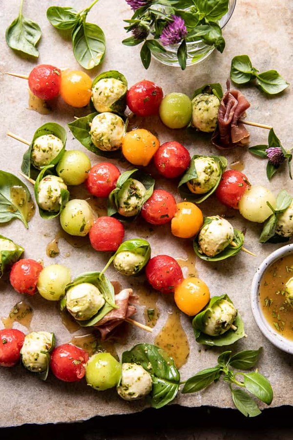 Marinated mozzarella melon skewers