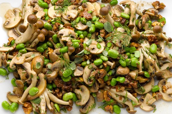 Marinated mushrooms with walnut and tahini yoghurt