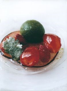 Marinated peaches with basil sorbet and strawberry jelly