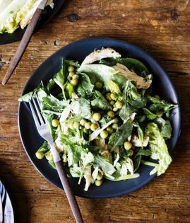 Marinated peas with yesterday's roast chicken, baby onions, and lettuce