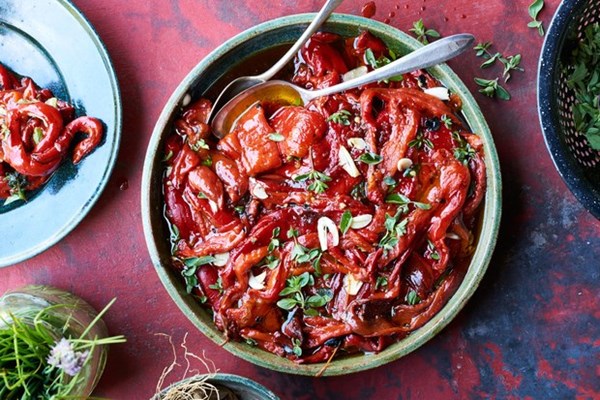 Marinated red peppers with garlic and marjoram