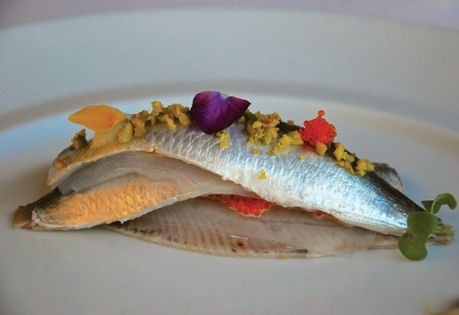 Marinated sardine lasagna with ajoblanco (Lasaña de sardinas marinadas con ajoblanco)