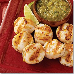 Marinated scallop brochettes with roasted tomatillo salsa