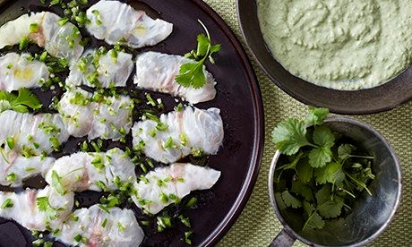 Marinated sea bass with lime, chilli and coriander with avocado cream
