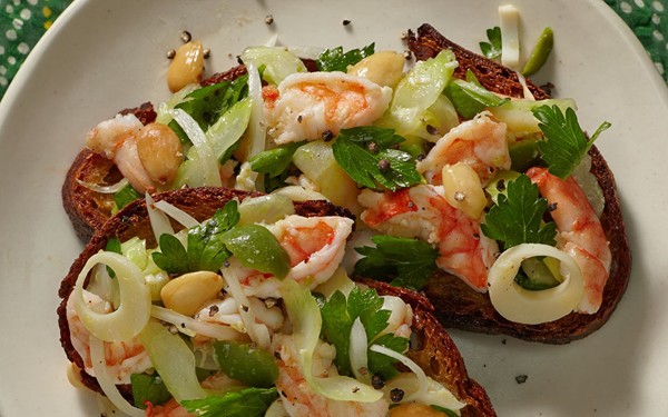 Marinated shrimp, celery, and green olives toast