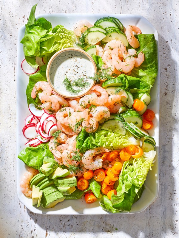 Marinated shrimp salad with creamy dill dressing