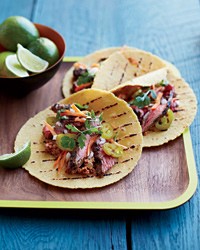Marinated skirt steak tacos with pecan-chipotle salsa