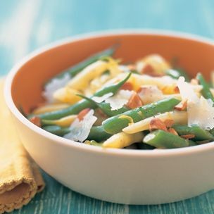 Marinated summer beans with toasted almonds and dry Jack cheese