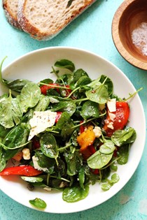 Marinated sweet pepper salad with basil, capers, and pecorino