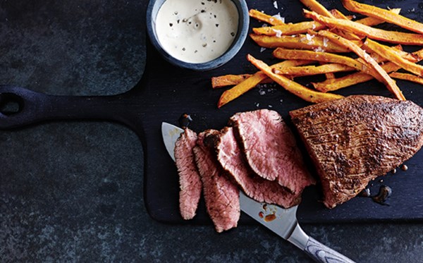 Marinated tri-tip steak with yam fries and Dijonnaise