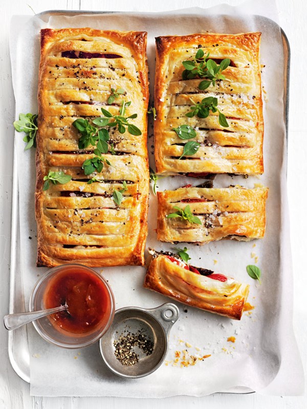 Marinated vegetable and three cheese tart