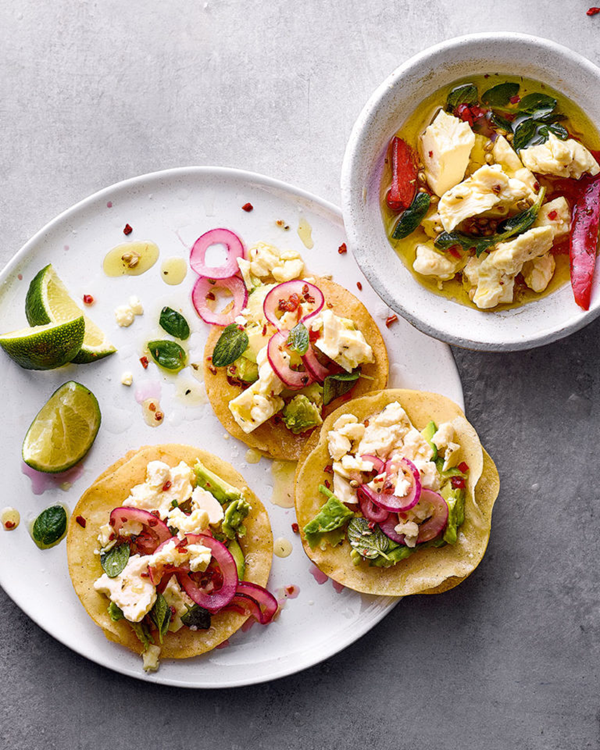 Marinated Wensleydale tostadas 