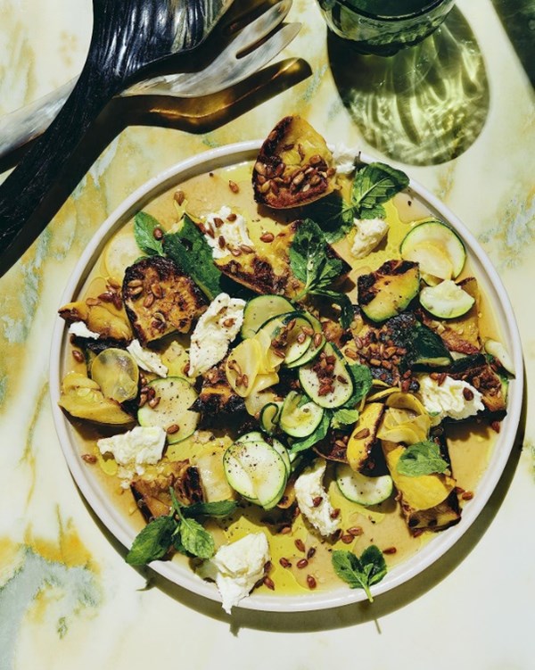 Marinated zucch & mozz with fried sunflower seeds