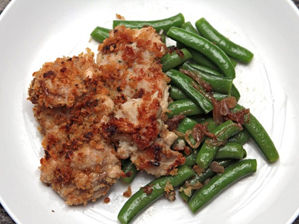 Mario Batali's chicken thighs with garlicky crumbs and snap peas