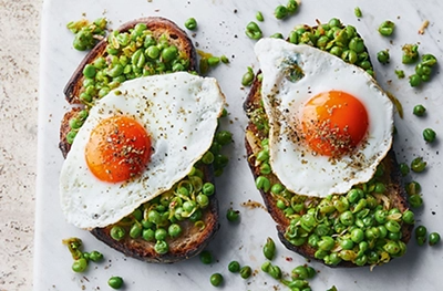 Marjoram & chilli muddled peas with fried eggs