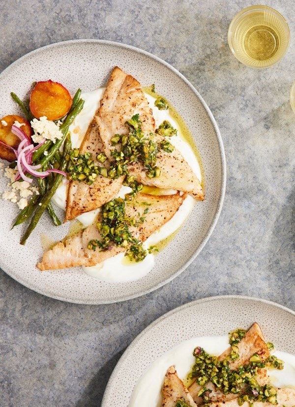 Market fish with pistachio, herb and lime salsa