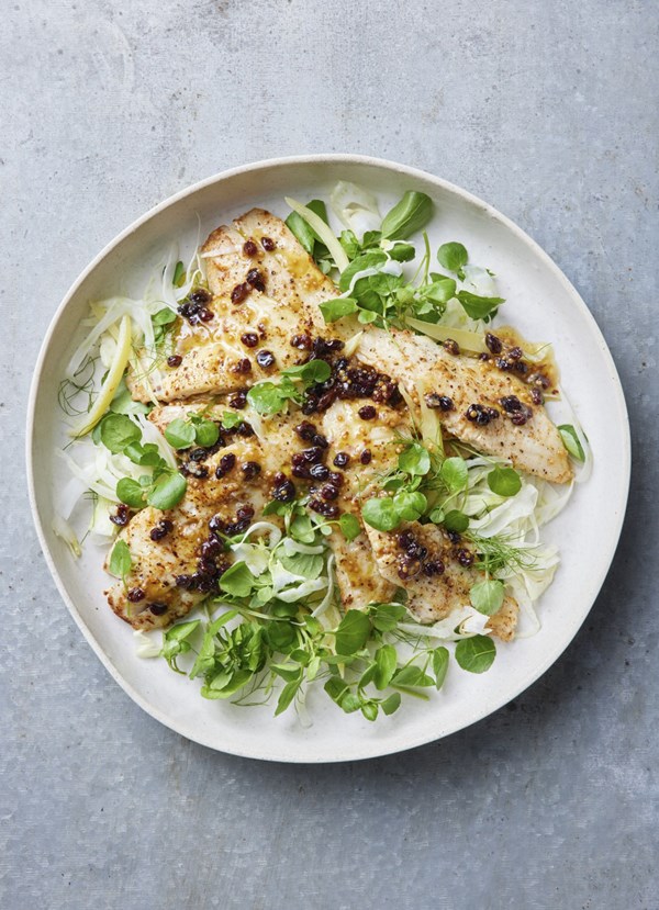 Market fish with rocket, fennel, preserved lemon and currant salad
