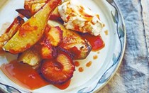 Marmalade baked fruit with boozy orange cream