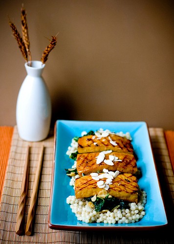 Marmalade tofu with kale and lemon pearl couscous