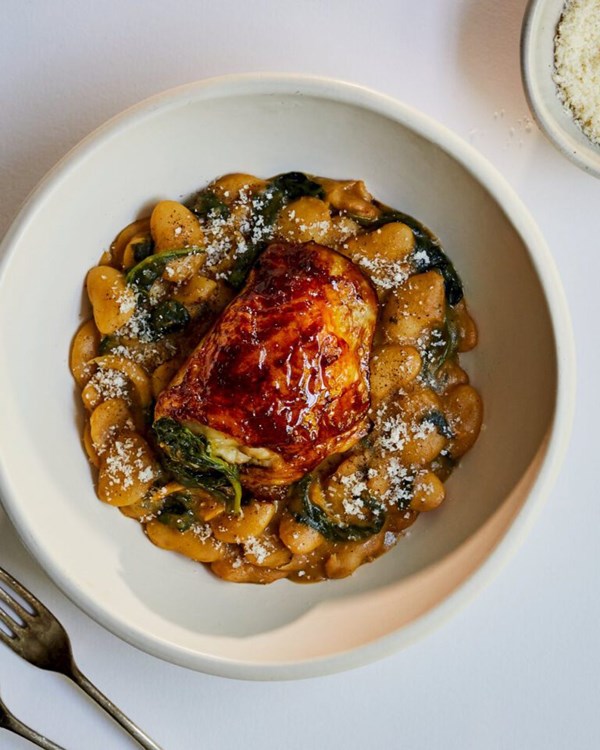 Marmite chicken with spinach cacio e pepe butter beans 