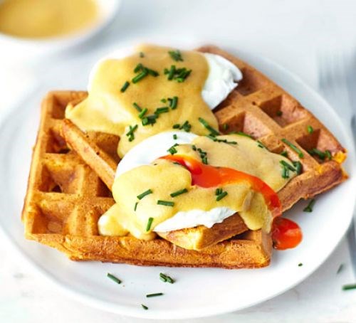 Marmite eggs Benedict with waffles