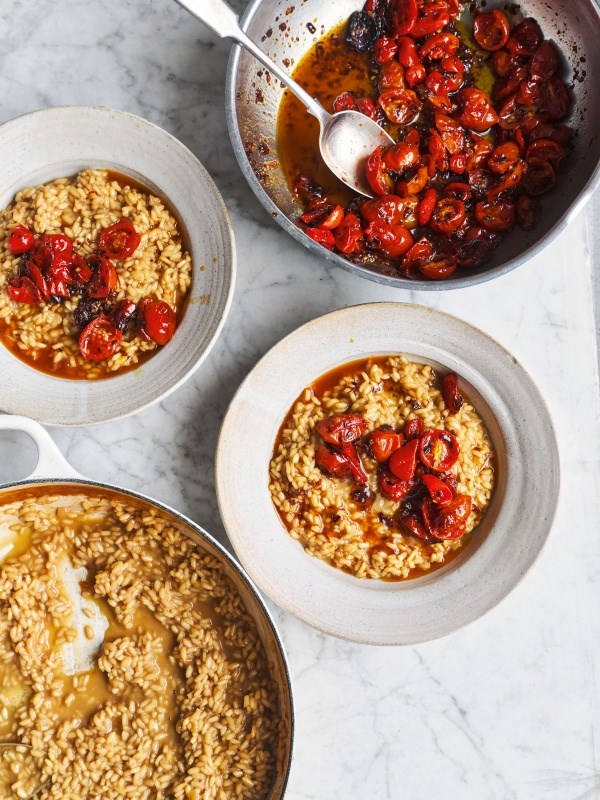 Marmite risotto with tomato and crispy chilli butter
