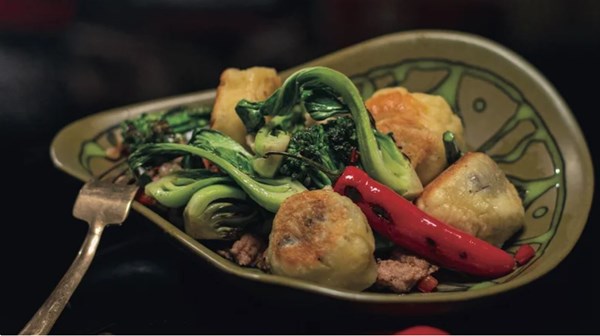 Marrow dumplings with charred broccolini and chiles