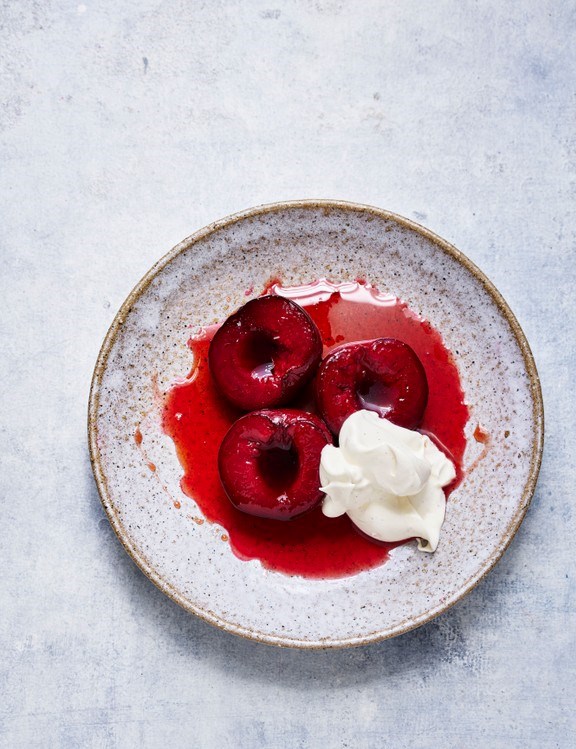 Marsala-baked plums with Chantilly cream