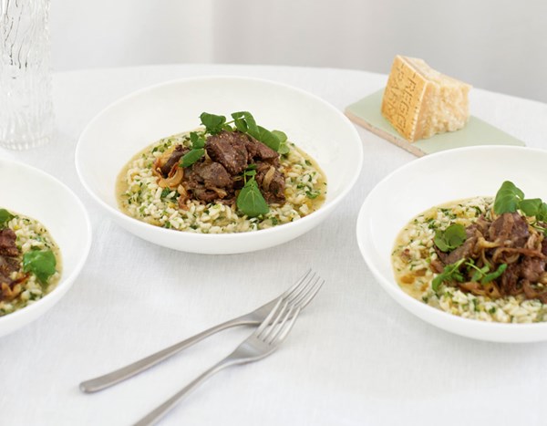 Marsala chicken livers with watercress risotto