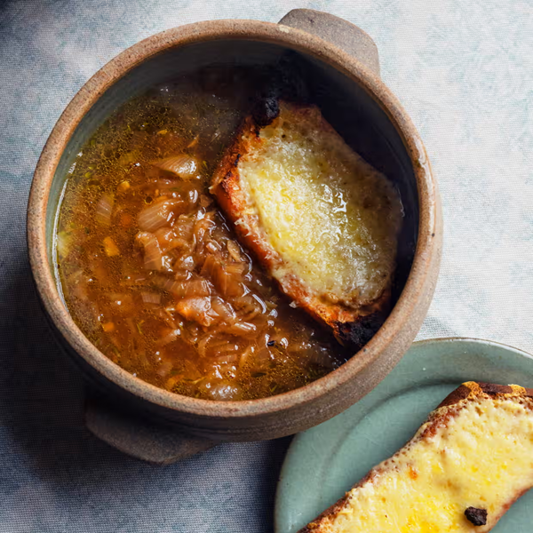 Marsala onion soup with mustard cheese toasts
