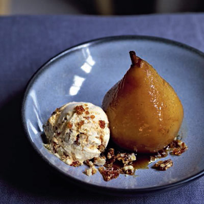 Marsala pears with walnut praline parfait