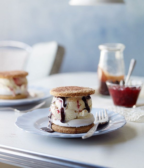 Marshmallow and jammy ice-cream sandwich with choc-fudge sauce