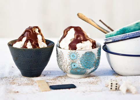 Marshmallow creme hot fudge sundaes