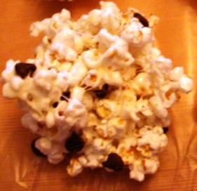 Marshmallow popcorn balls with chocolate chips