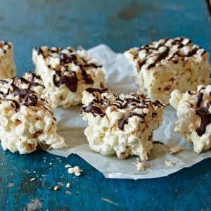 Marshmallow popcorn treats with dark chocolate drizzle