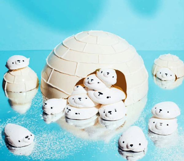 Marshmallow seals in a white chocolate igloo