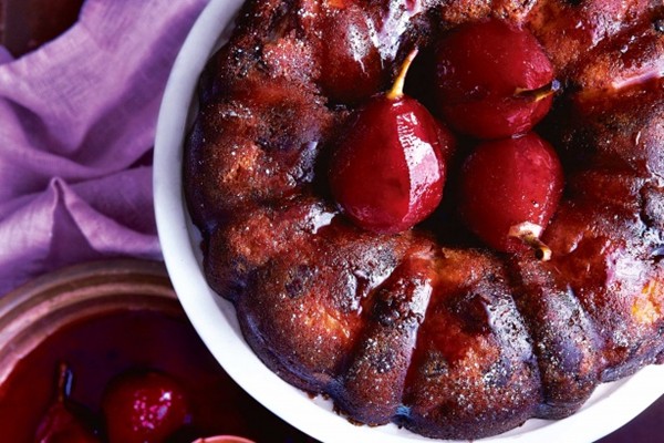 Marzipan, pear & dark chocolate cake with poached pears