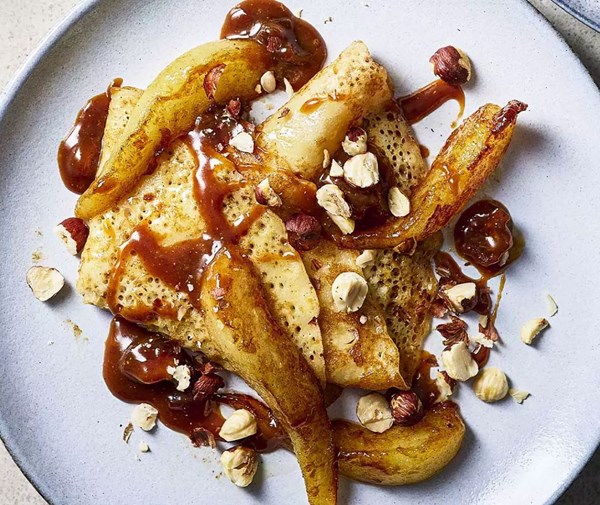 Masala caramel pancakes with pears