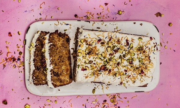 Masala chai banana bread with coconut, cream cheese and cardamom icing