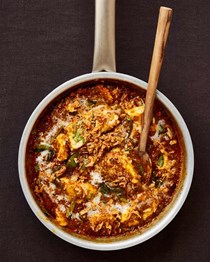 Masala hake with coconut milk and crispy onions