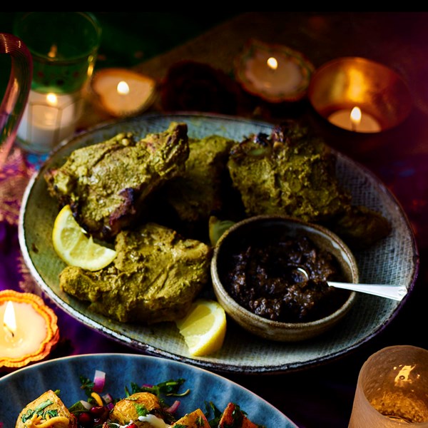 Masala lamb chops with pickled walnut chutney