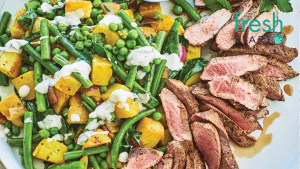 Masala lamb, sweet potatoes, peas and green beans with mint yoghurt