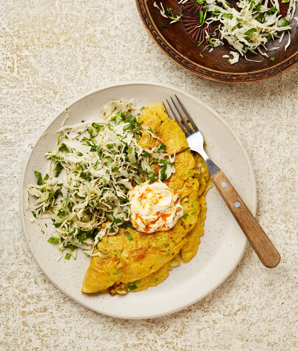 Masala omelette with mango pickle and slaw
