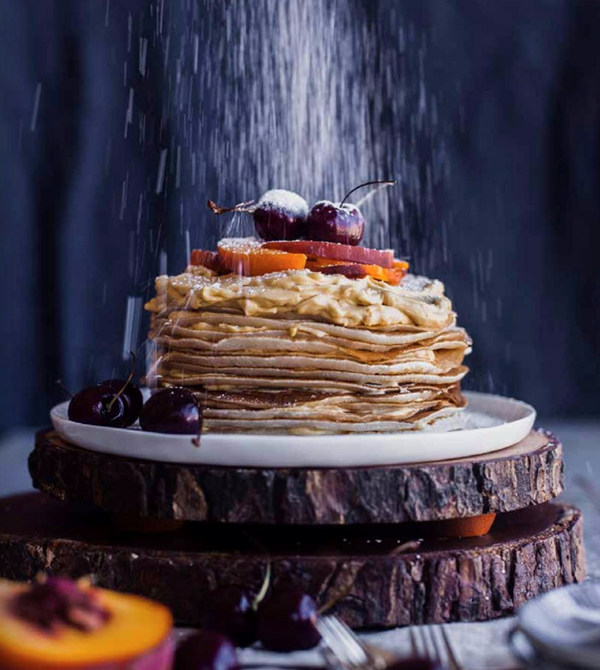 Mascarpone and jaggery filled eggless crepe cake