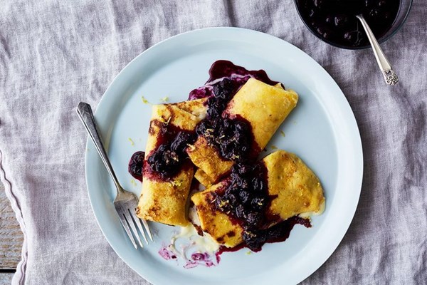 Mascarpone blintzes with blueberry and lemon