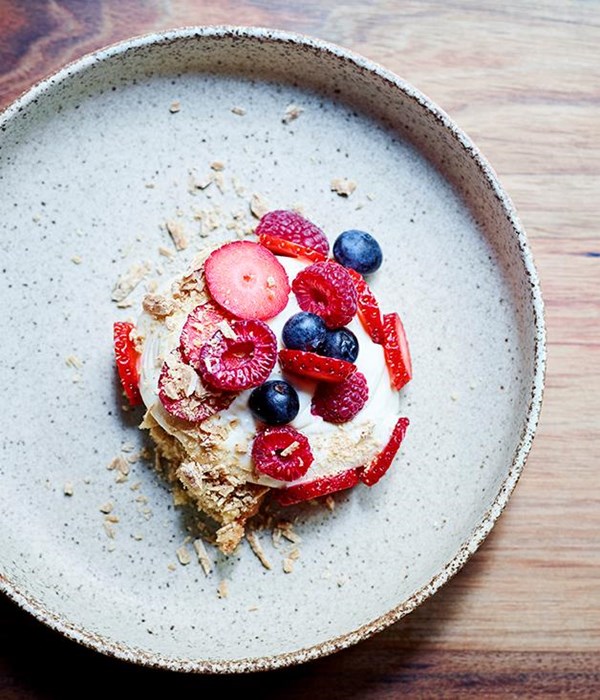 Mascarpone mousse, berries & caramelised white chocolate [Andreas Papadakis]